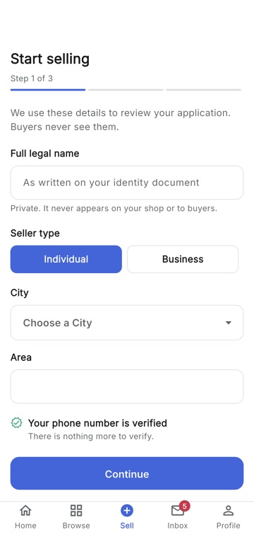 The start-selling form in the WeBazz app